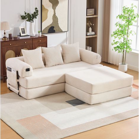 Sofá modular 200x190x67 cm de pana beige con puff, 3 cojines y bolsillo lateral (1/5)