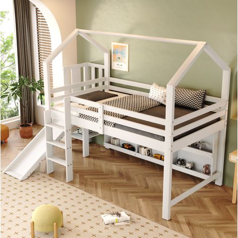 Cama infantil con tobogán y almacenaje madera blanca OKMYHOME (1/5)