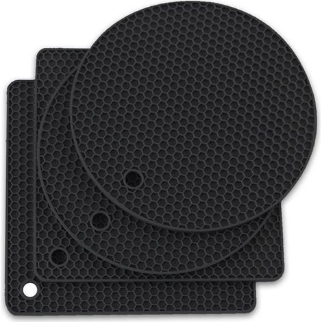 Lot de 4 dessous de plat en silicone - Ronds et carrés - Noirs - Pour casseroles et poêles - Ouvre-pot - Aide à l'égouttage (1/5)