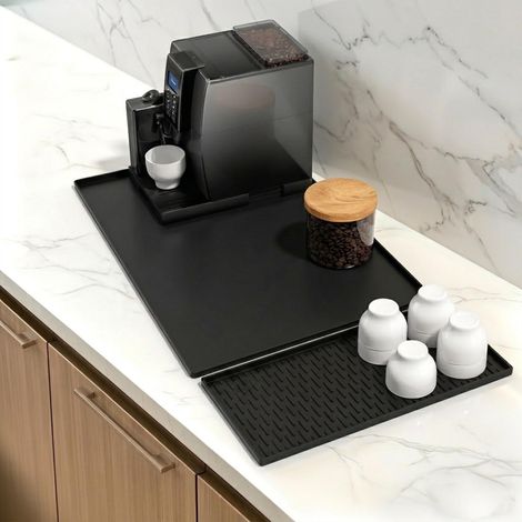 Coffee Machine Mat 60x40cm, 2-en-1 Tapis Machine à Café en Silicone avec Bord Surélevé, Antidérapant Tapis de Séchage Rapide Cafetiere pour Comptoir de Cuisine et Coffee Bar, Noir (1/5)