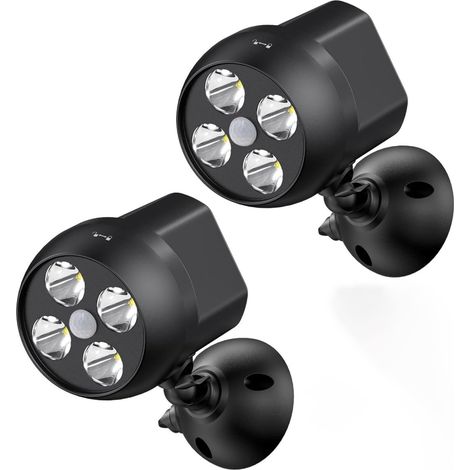 Lampe Extérieure - Détecteur De Mouvement - Alimentée Par Piles - Sans Fil - 4 LED De 1 W - 600 Lm - Étanche Ip44 - Pour Véranda Garage Jardin - 2 Pièces - Noir