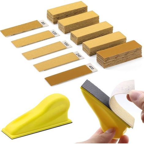 Kit di mini levigatrice manuale, comprensivo di 50 fogli di carta vetrata (grana 120-400), adatto per la levigatura di carrozzerie. (1/4)