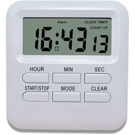 Minuterie Digitale avec Fonction d'Horloge/Réveil 3 en 1, Minuterie de Cuisine Aimanté, Timer Chronomètre Compte à Rebours, Gestion du Temps pour Cuisine/Étude/Sport (Blanc)
