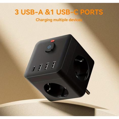 ORION91oficial® - 7 in 1 Plug Extension with Surge Protection, 3 AC Outlets, 3 USB Ports, 1 Type-C for Fast Charging, CE Certified, Made of PP/Plastic. (1/5)