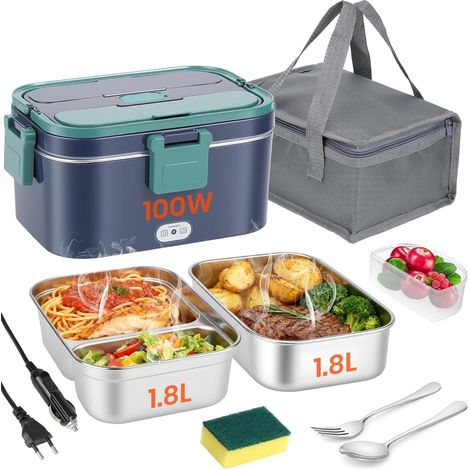 100W Gamelle Chauffante Electrique 1.8 L Chauffage Rapide 12V/24V, 110V/240V, Lunch Box Chauffante Electrique pour la Maison et la Voiture Facile à Nettoyer, 304 Acier Inoxydable, Avec Sac Isotherme (1/5)