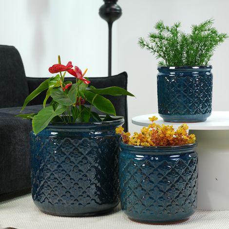 Lot de 3 pots en céramique faits main (Ø38/30,5/23 cm), bleu-vert foncé brillant relief losange, anti-gel (1/5)