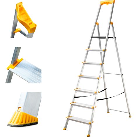 Hoström – Escabeau pliable 7 marches aluminium – Marches extra larges 12 cm – Charge max 150 kg – Norme EN 131 – Garantie 5 ans