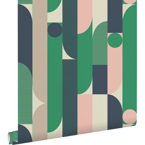 papier peint formes géométriques vert, bleu, rose et beige - ESTAhome (1/5)