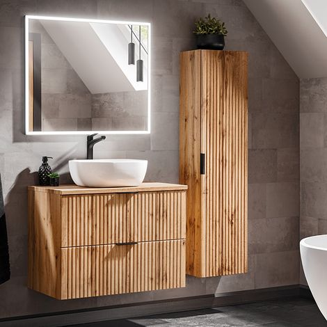 Badezimmermöbel Set Wotaneiche mit Rillenoptik ADELAIDE-56 LED-Spiegel & Waschtisch mit Keramikbecken, Hochschrank (1/5)