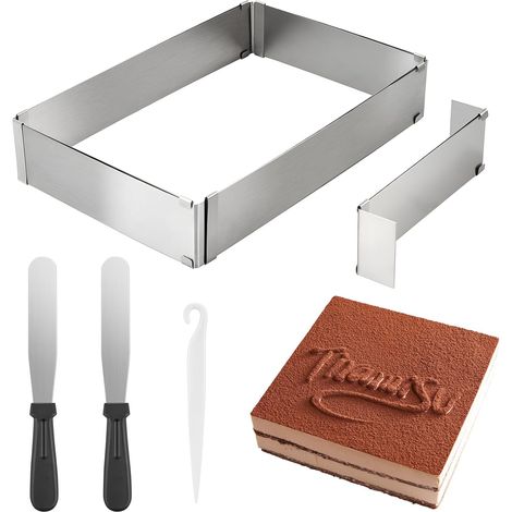 Stainless Steel Adjustable Rectangle Baking Frame with Separator and Spatula - Expandable Square Cake Pan for Layered Cakes (1/5)