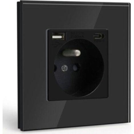 Prise Murale avec USB et 1 Type C,Noir courant alternatif avec Panneau en verre cristal,Multiprise Murale avec USB(max2.1A),convient à la smartphone,à la tablette- (1/5)