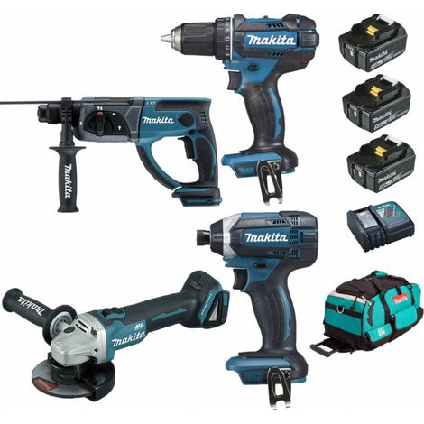 Pack Makita Premium 18V 5Ah: Perceuse DDF482 + Meuleuse DGA504 + Perfo 2J DHR202 + Visseuse 165Nm DTD152 + 3 batt + sac