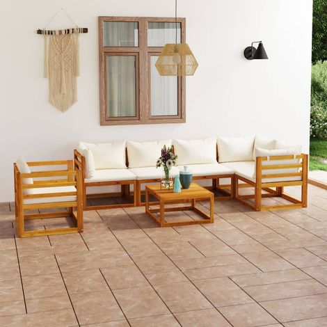 7-tlg. Garten-Lounge-Set mit Auflagen Creme Massivholz Akazie