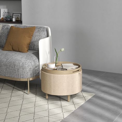 Pouf rond repose-pieds tabouret avec coffre de rangement. plateau réversible. meuble 3 en 1 pied en bois beige