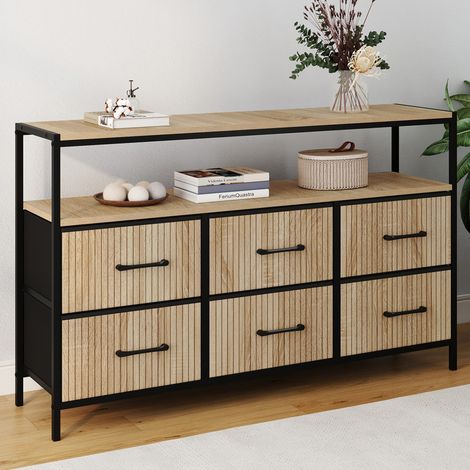 UTAH 115 CM Cómoda de 6 cajones de tela con nicho efecto listones mueble de almacenaje de diseño industrial