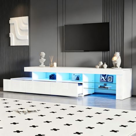 Mobile TV con illuminazione a LED, frontale lucido, tre cassetti, adatto a TV fino a 75 pollici, ideale per soggiorno, camera da letto e sala da pranzo, colore bianco, dimensioni 180 x 35 x 45 cm. (1/5)