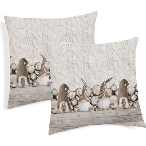 Coppia Cuscini Arredo Imbottiti 40x40 Disegno Gnomi Colore Beige