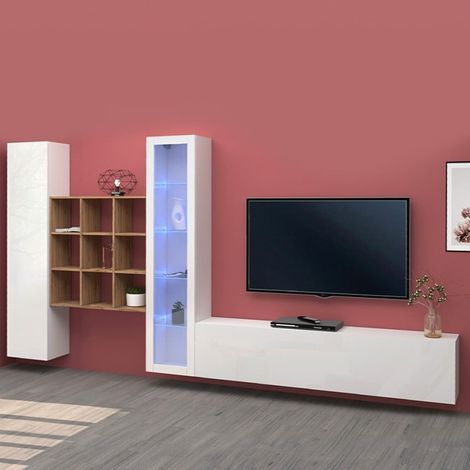 Mueble de pared blanco con soporte para TV, vitrina y librería, Ranil WH (1/5)