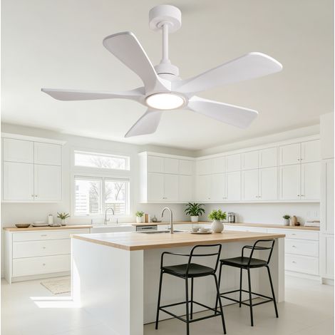 42-Zoll-Deckenventilator Weiß mit LED, 5 Holzflügeln und Funkfernbedienung (1/5)