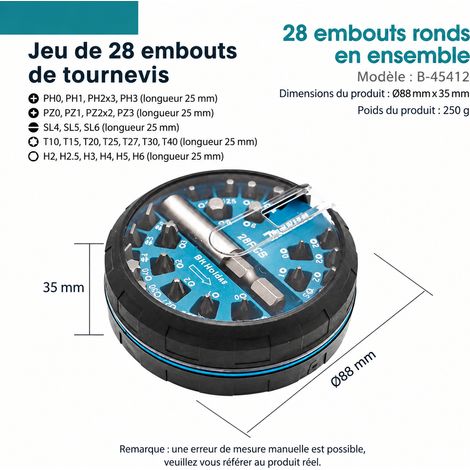 Coffret d'embouts Makita 28 pièces B-45412 pour visseuse, 28 pièces, 1 kg – Livraison gratuite