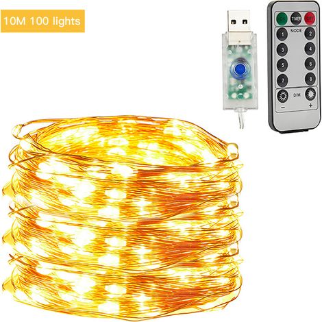 Guirlande lumineuse USB en fil de cuivre, 8 fonctions, guirlande lumineuse basse tension en forme d'étoiles, décorations de Noël, guirlande lumineuse LED (blanc chaud), 10 mètres, 100 lumières - téléc (1/2)