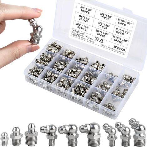 Lot de 170 graisseurs M6 M8 M10 - Coudés droits à 45 ° à 90 ° - En fer nickelé - Avec boîte de rangement (1/5)