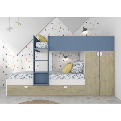 Etagenbett 263 8x107 4 cm Rauchblau  Eiche und Mattweiß mit Kleiderschrank - Varazze