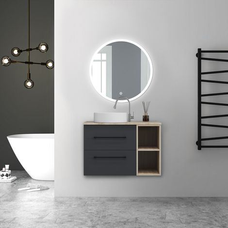 AICA Ensemble de meubles de salle de bain Suspendu avec Vasque + 2 Rangements Ouverts, 80x46x52cm, Rond Miroir LED