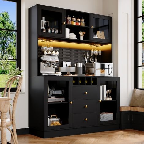 Vaisselier avec led, étagère réglable et rangement pour vin, noir, en MDF, 140x40x185,7 cm