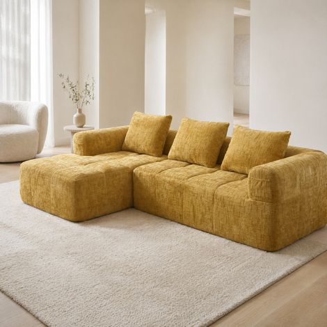 Divano angolare in ciniglia gialla 250 x 158 x 60 cm, con chaise longue, senza montaggio HAVRYA (1/5)