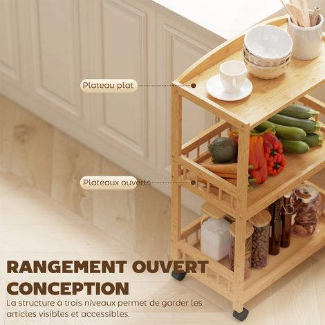 Desserte Cuisine 3 Niveaux Bambou Naturel 53x30,5x83cm avec Roulettes et Freins Design Courbé Élégant pour Salon Bureau (1/5)