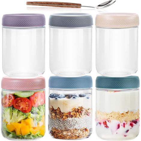 Tarro De Vidrio Para Preparación De Comidas - 500 Ml - Boca Ancha - Hermetico Y Sin Fugas - Ideal Para Avena Nocturna Yogur Ensalada Salsas Y Más - 6 Unidades (1/5)