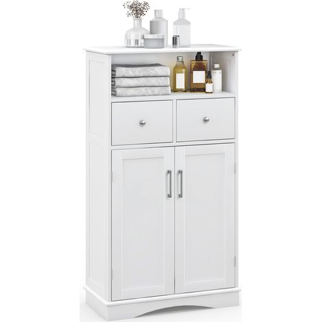 Meuble de salle de bain au sol autoportant 2 portes avec 2 tiroirs et étagères réglables - blanc (1/5)