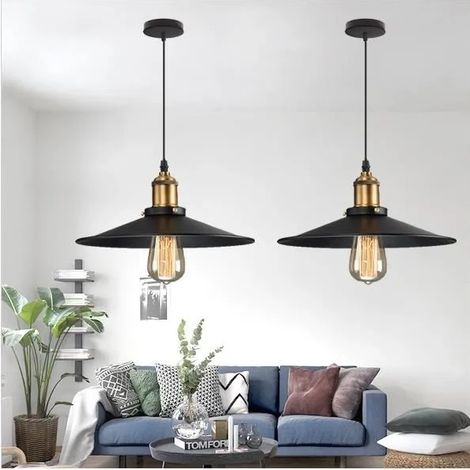Lot de 2 Lampe Suspension Industrielle Salon Noir E27 Lustre Luminaire Vintage en Métal Style Edison pour Salon Chambre (1/4)