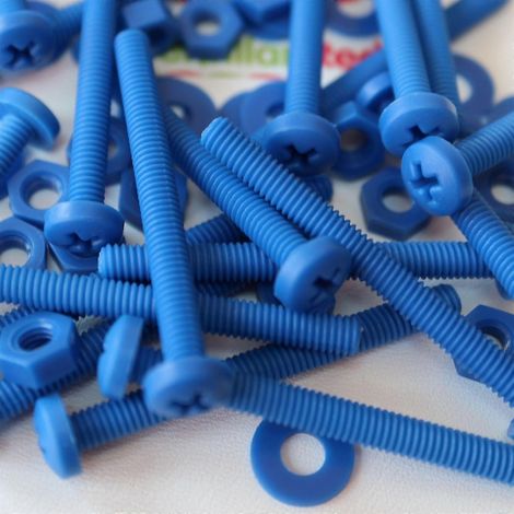 20 vis à tête bombée bleue (PP), M4 x 40 mm, avec écrous et rondelles en plastique. (1/5)