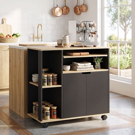 Carrello da cucina 80x40x82 cm, piano d'appoggio, ripiano regolabile, ruote con freno, tessuto tecnico nero (1/5)