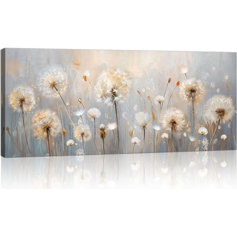 Grande Cadre en Bois Impression Sur Toile Fantaisie Beige Pissenlits Image Sur Toile Peintures Plantes Minimalistes Nordiques Sur Toile Mural Tableau Decor Murale Salon Chambre prêt accrocher 50x120cm (1/5)