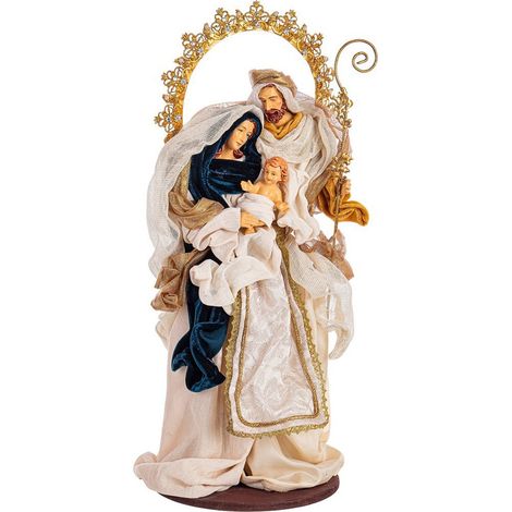 Sacra famiglia con corona e vestiti in tessuto standard statue per presepe h 53 cm (1/2)