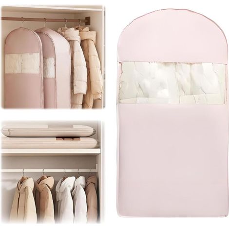 1 housse à vêtements suspendue peu encombrante avec fermeture éclair auto-compressante, sac de rangement ultra-compact et compact, housse anti-poussière pour doudoune et garde-robe (rose, taille M) (1/5)