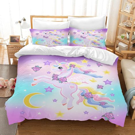 Housse de Couette Licorne pour Enfant Fille, Parure de lit en Microfibre avec Motif Licorne avec Fermeture Éclair, Ensembles de literie Cadeaux pour Filles (I, 220x240cm) (1/5)