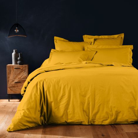 Parure de lit 240 x 220 cm unie 57 fils – LINAÉ Curry – 2 taies 63 x 63 cm incluses