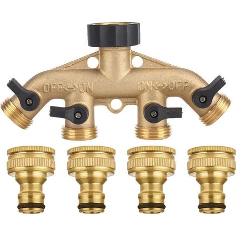 Raccordo a 4 vie in ottone massiccio con valvole di intercettazione, rubinetto e uscite da 1,9 cm, utilizzabile contemporaneamente con un massimo di 4 tubi. (1/5)