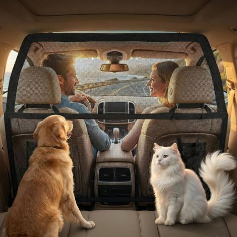Grille de séparation pour chien - Pour siège arrière et coffre de voiture - 107 x 127 cm - Avec filet transparent renforcé et cadre en métal solide - Barrière de séparation pour chiens - Ajustement (1/5)