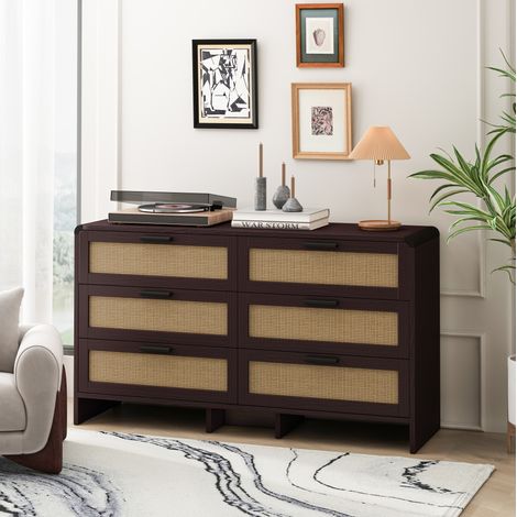 Commode de rangement 130 cm brun rouge en panneaux de particules avec 6 tiroirs en rotin (1/5)