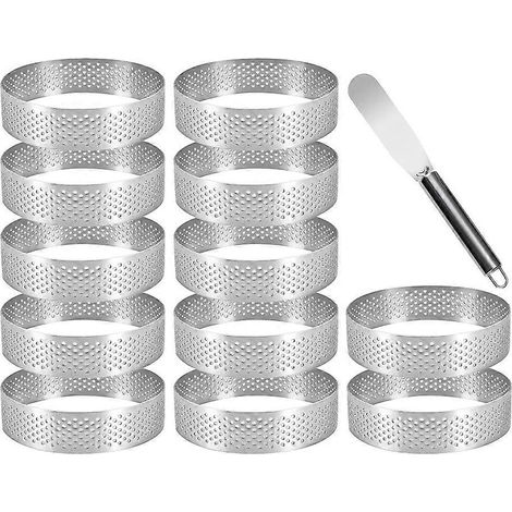 12 Tartelette-Förmchen, perforierte Dessertringe, Kuchenringe aus Edelstahl, Crumpet-Ringe zur Zubereitung von hausgemachten Mousses und Muffins (1/5)
