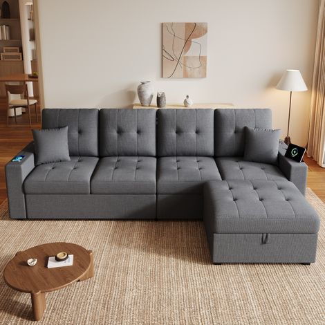Sofá 4 plazas modular gris antiguo con otomana con almacenaje, puertos USB y Type-C, LED multicolor y cojines en tela para salón familiar – CHICFURN (1/5)