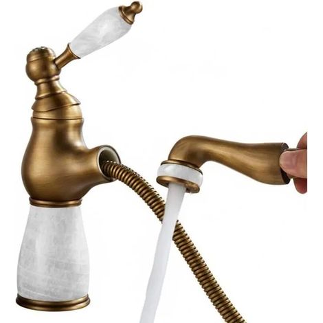 Waschbeckenarmatur weiß mit Brause, Einloch ausziehbar, Messing (1/4)