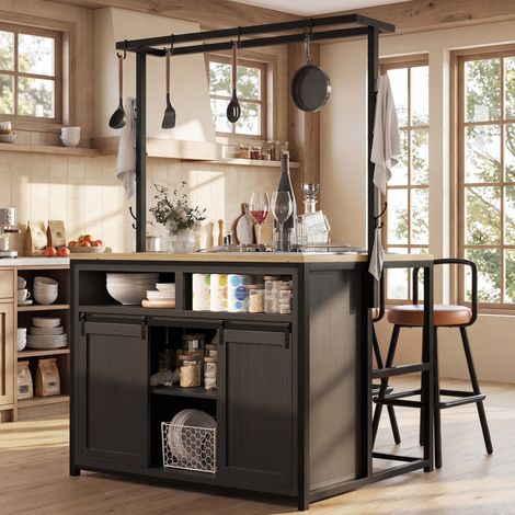 Îlot de cuisine 107x62x183 cm avec plan de travail, prises et rangement, MDF noir, REDOM (1/5)