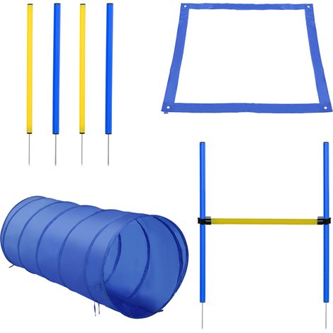 Ensemble d'entraînement d'agilité pour chien avec tunnel, slalom et parcours d'obstacles, sac de transport, jaune et bleu