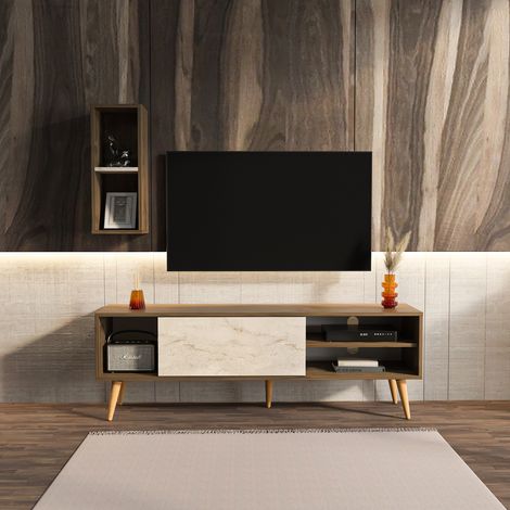 Rans meuble tv banc tv rangement etagère murale incluse (noyer et traverter) (1/5)